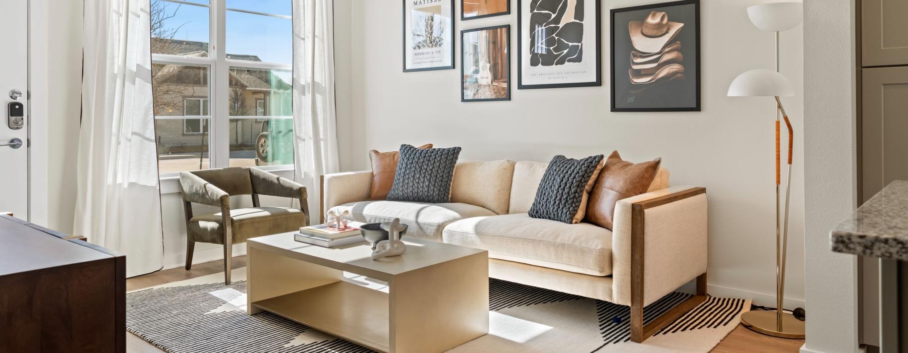 a living room with a couch and a coffee table