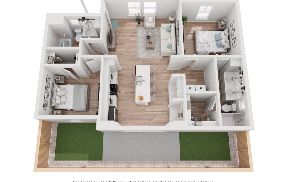 B1 - 2 bedroom floorplan layout with 2 baths and 879 square feet.