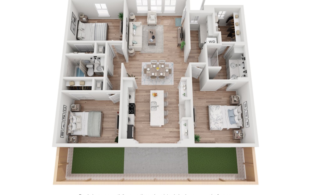 C2 - 3 bedroom floorplan layout with 2 bathrooms and 1226 square feet