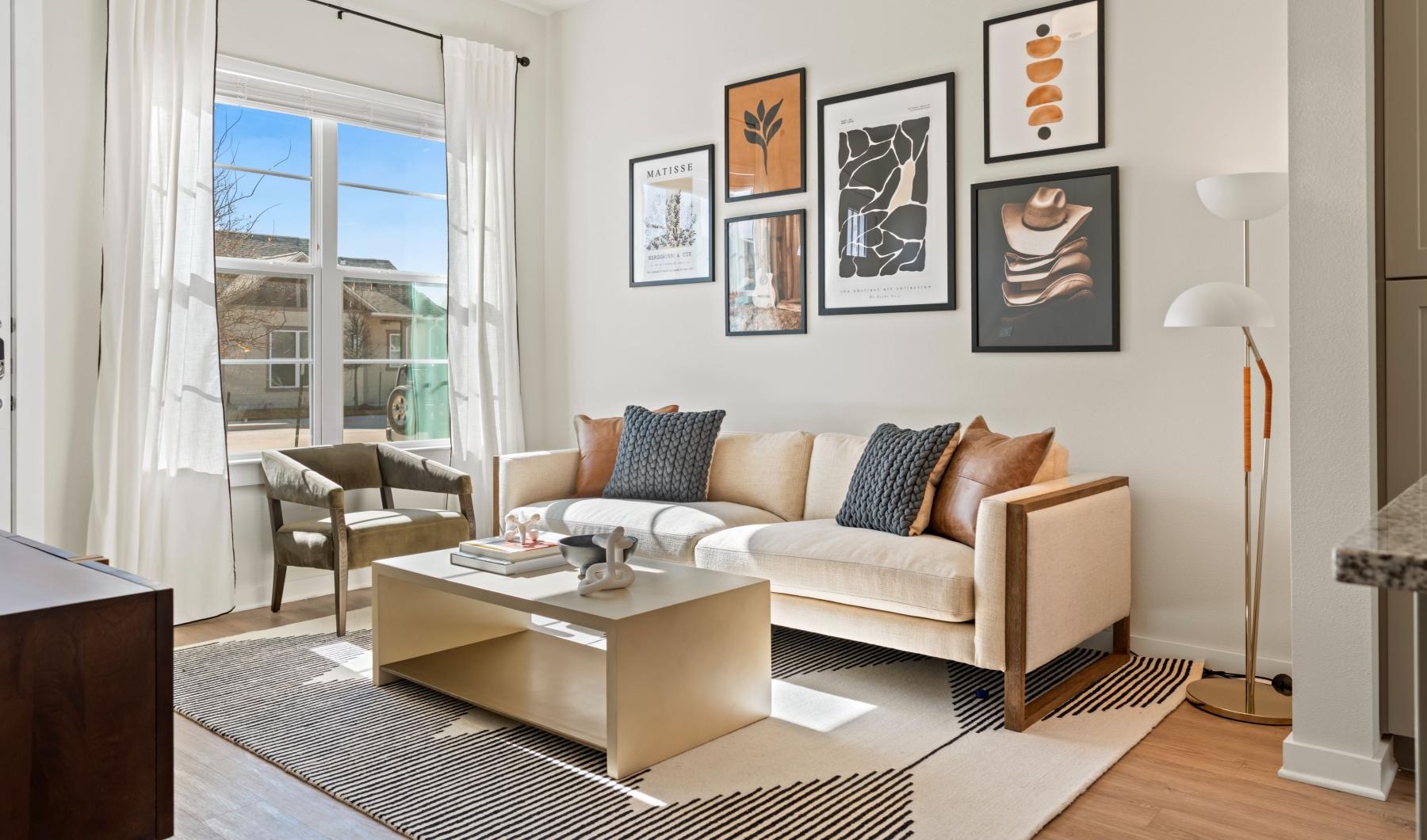 a living room with a couch and a coffee table